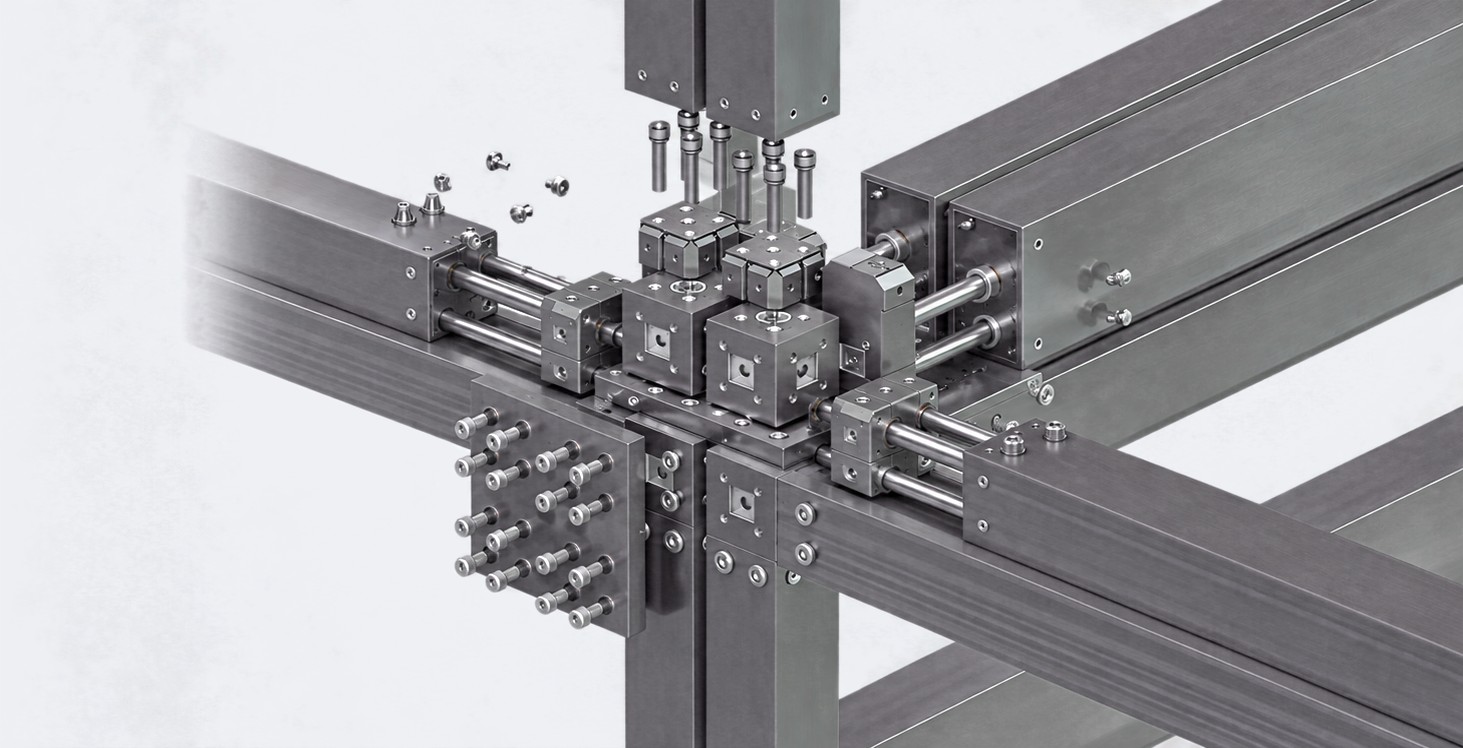 Module node in the modular system: cubes joining column and beam, bolted with tie rods and screws